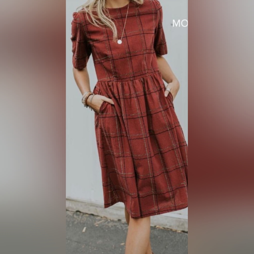 Roolee Rust Plaid Midi Dress
